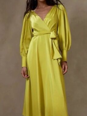 Banana Republic Chartreuse Satin Wrap Maxi Dress